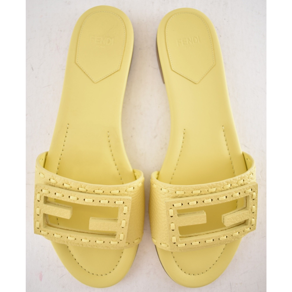 Fendi Baguette Light Yellow Leather FF Monogram Logo Mule Slide Flat Sandal 39 - Picture 14 of 16